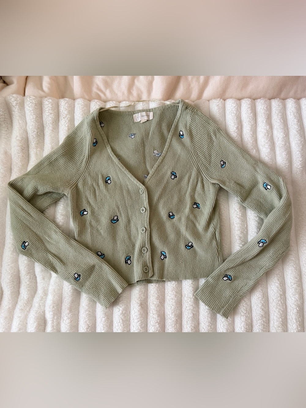 La Hearts Sage Green Embroidered Ribbed Button Cardigan